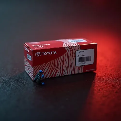 medium size box of the company toyota. the box is red and white colored lines and has the logo of toyota company in the upper in the upper left corner on it which is white bold word "TOYOTA" and is on