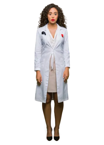 Sexy woman, lab coat, solo, (25yo), bold red lipstick, smoky eyes, curly brown hair, white lab gown, high heels, confident pose, hands on hips, sultry expression, soft focus, cinematic lighting, shall