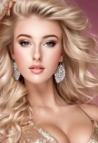 Blonde, voluptuous, glitzy, glamour model posing for a magazine cover. Perfect makeup. Maybelline billboard, lipgloss, American. Beautiful. Photorealistic. ,derivable,bridal jewelry,anastasiadis,barbi