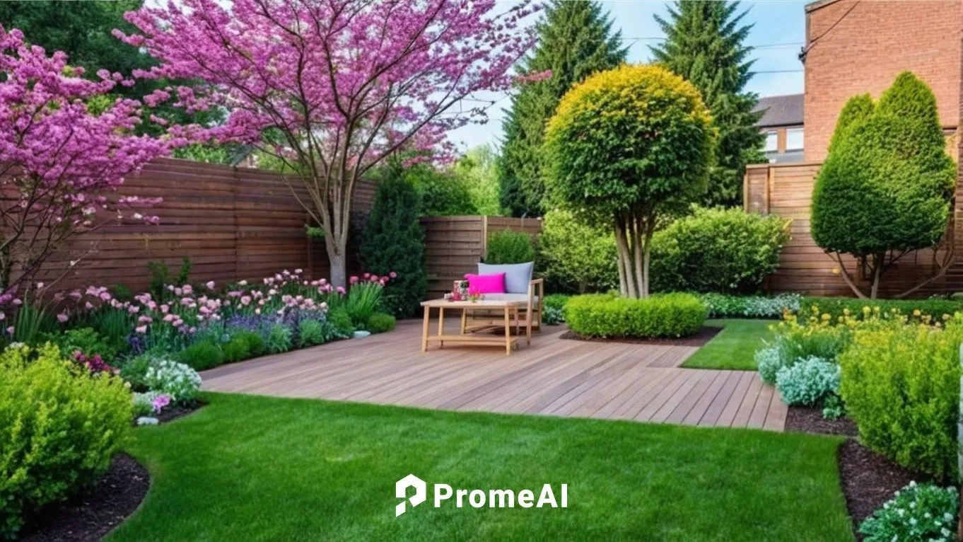 Create a vibrant, lush garden scene with a central blossoming cherry tree as the focal point. Surround the tree with a variety of plants, including vibrant purple lavender, yellow roses, and ornamenta