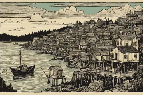 Create a fictional story set in a small northeastern fishing village.,cool woodblock images,floating huts,wooden houses,ketchikan,nubble,woodblock prints,fishing village,woodcut,tofino,escher village,