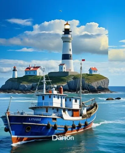 a fishing ship passed by the lighthouse, the lighthouse has black stripe and  top,there is a fishing boat that is in the ocean,dokdo,ouessant,dunbar,fanad,fastnet,inishbofin,dunmore,northern ireland,a