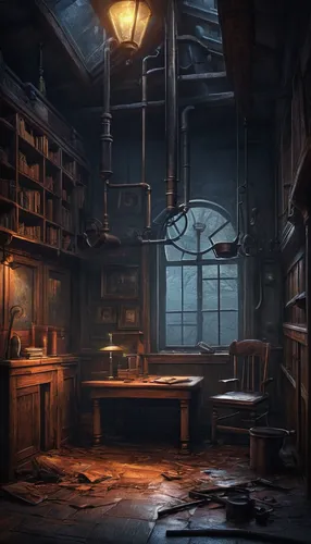 Design a detective story where a murder weapon, an iron pipe, leads to unexpected twists.,apothecary,dark cabinetry,study room,potions,old library,candlemaker,bookshop,a dark room,victorian kitchen,la