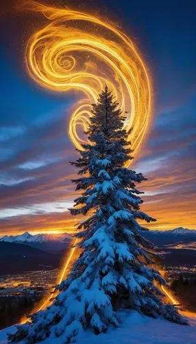 The sky is ablaze with a shimmering mass of blue and yellow hues as the first rays of sunlight transform the night sky into a scene of the winding paths of trees and mountainside. In the distance, a s