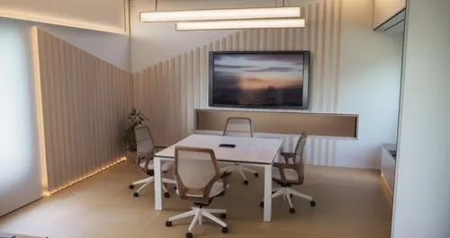 Generate a modern, professional meeting room. Include a white conference table with white ergonomic office chairs arranged around it. The room should feature wooden wall panels, a clean, light-colored