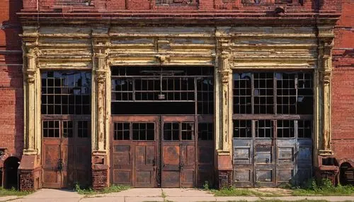 Historic building facade, Columbus Ohio, architectural salvage yard, vintage doors, reclaimed wood, distressed brick, industrial metal beams, ornate staircase, retro lighting fixtures, antique windows