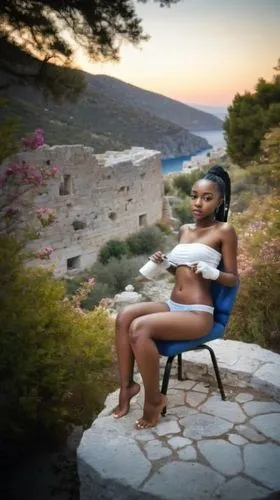 a woman in a bikini sits on a chair,akuapem,ikpe,dibaba,ledisi,ibibio,mahdawi