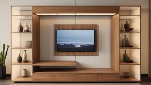 a television cabinet with side display areas.,tv cabinet,wood mirror,flat panel display,entertainment center,armoire,wooden shelf,danish furniture,room divider,storage cabinet,switch cabinet,modern de