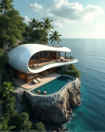 image of a futuristic two-story house with aerodynamic, organic shapes, situated on a cliff with an infinity pool, overlooking the sea in a tropical climate, surrounded by lush native vegetation. ,mod