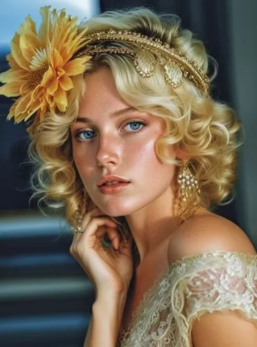 a woman wearing a flower in her hair,connie stevens - female,vintage woman,beautiful bonnet,fanning,vintage fashion,vintage makeup,Photography,General,Realistic