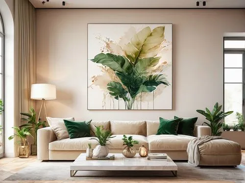 Modern luxurious living room, interior design, wooden floor, cream-colored walls, large windows, natural light, beige couch, velvet pillows, glass coffee table, minimalist decor, green plants, abstrac