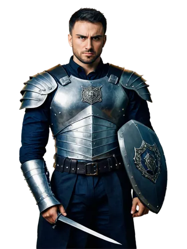 Muscular man, warrior, solo, (30yo), intense gaze, scar above eyebrow, short spiky hair, leather armor, metal shoulder pads, silver sword, shield with emblem, standing hero pose, dramatic lighting, ci