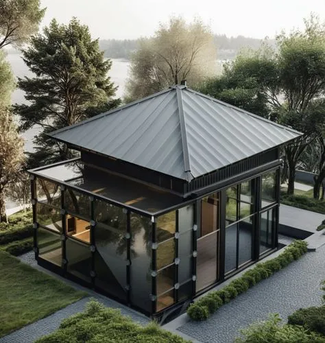 ALL BLACK THEME, BLACK CLADDING, 4K ULTRA REALISTIC, ON A CLEAR DAY,a house with a metal roof in the middle of the grass,folding roof,metal roof,revit,3d rendering,pavillon,pool house,Photography,Gene