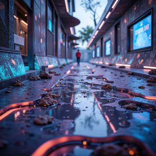 walking in the rain,alley,bokeh,retroreflectors,alleyway,sidewalk,pedestrian,sidestreet,bokeh effect,akira,puddle,3d render,flooded pathway,fallen colorful,cyberpunk,rainy,sidewalks,shanghai,istanbul,temporal