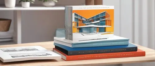 Modern architecture books, coffee table books, hardcover, sleek designs, minimalist layout, beautiful typography, colorful illustrations, 3D models, blueprints, sketches, interior design, home decor i