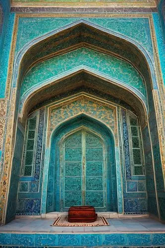 Ancient architecture, Uzbekistan, Samarkand, Registan, Islamic style, intricate patterns, arches, domes, minarets, turquoise tiles, gold accents, detailed carvings, ornate columns, vibrant colors, sun