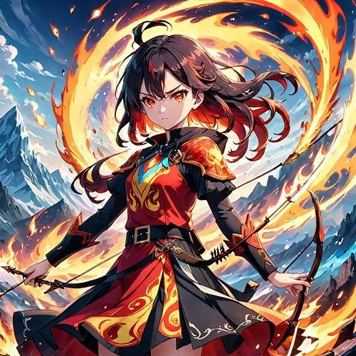 a young anime woman wearing a flame-patterned tight dress with a belt, fire for hair and red eyes. she holds a loaded bow with a flaming arrow.,Scarlet,fire background,cinder,xuanze,fire poi,flame rob