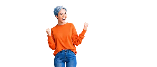 Free stock animation, cartoon style, colorful background, dynamic pose, young woman, short blue hair, ponytail, orange sweater, ripped jeans, sneakers, energetic expression, arms raised, joyful jumpin