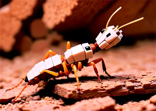 Termites, insect, white body, brown head, antennae, six legs, wood eating, swarm, queen termite, worker termite, soldier termite, close-up, macro photography, shallow depth of field, warm lighting, re