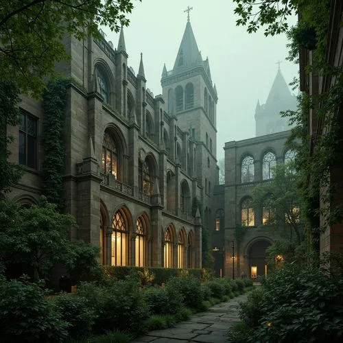 Mysterious Gothic cathedral, ornate stone carvings, stained glass windows, grandeur architecture, misty atmosphere, foggy morning, lush greenery, overgrown ruins, crumbling walls, ivy-covered towers, 