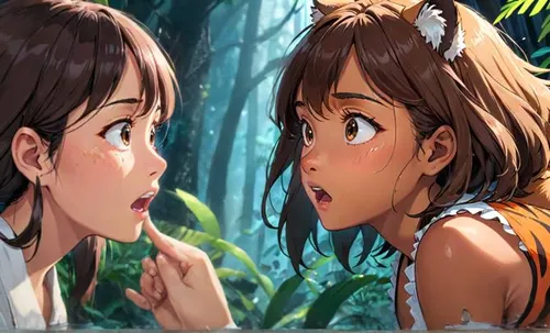 anime cartoon,honmei choco,studio ghibli,monsoon banner,two girls,anime 3d,aloha,game illustration,the girl's face,hiyayakko,my neighbor totoro,tropical animals,tahiti,moana,surprised,choco,luau,cg artwork,children girls,kawaii