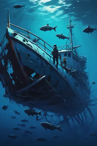 commercial fishing,coelacanth,atlantic bluefin tuna,fishing trawler,forage fish,the wreck of the ship,sunken boat,cube sea,aquaculture,ship traffic jam,blue fish,school of fish,fish supply,animal migration,shoal,tuna,sunken ship,deep sea,ocean pollution,underwater background,Conceptual Art,Fantasy,Fantasy 19