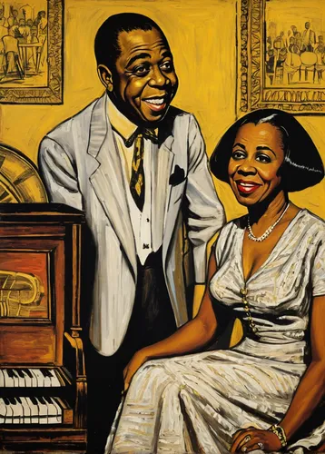 Imagine a conversation between Ethel Waters and Louis Armstrong, discussing their shared experiences as pioneering African American musicians.,blues and jazz singer,art tatum,jazz singer,black couple,