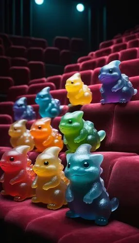 A striking cinematic shot of a cluster of cute-little-dwarf-gummy-Pokemons made of translucent and juicy gummy, sitting on the seats of a drama theater in an aesthetic manner,cinema 4d,cinema seat,fro