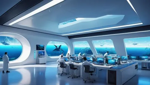 Futuristic opensea research facility, angular architecture, sleek metallic surfaces, neon lights, transparent glass walls, oceanic views, underwater observatory, futuristic laboratory equipment, holog