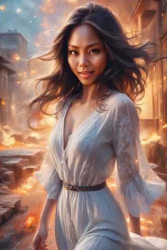 a woman in a white dress is walking on the street,katara,mayhle,mahdawi,thyatira,fantasy picture,fantasy portrait,Photography,Realistic