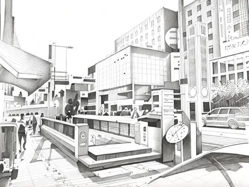 사람 없애기,a drawing of a cityscape with people on a train platform,sketchup,cybercity,physx,shinbashi,townscape,unbuilt,Design Sketch,Design Sketch,Fine Line Art