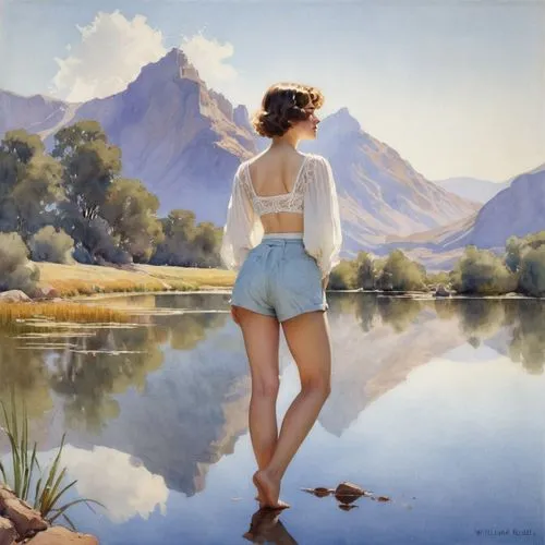 heatherley,girl on the river,donsky,dussel,vettriano,chudinov,dmitriev,mcconaghy,hildebrandt,nestruev,gantner,pletnev,martindell,oil painting,lachapelle,mignot,goodall,mountainlake,the blonde in the river,lobanov,Illustration,Paper based,Paper Based 23