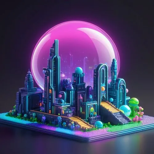 3D print, futuristic architecture model, sleek lines, metallic surface, reflective material, neon lights, glowing accents, towering skyscraper, curved structure, geometric patterns, intricate details,