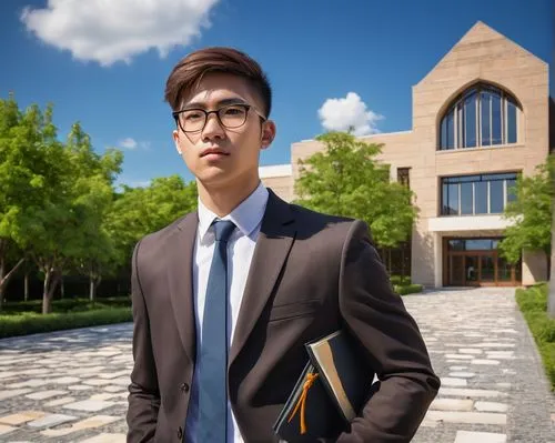 Diploma in architecture design, young adult male, suit, tie, black-framed glasses, short brown hair, serious facial expression, holding diploma, standing, proud pose, modern university campus, sunny d