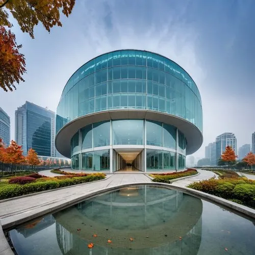 hongdan center,tianjin,glass building,glass facade,zhengzhou,futuristic art museum,structural glass,soochow university,glass facades,shenyang,nanjing,oval forum,home of apple,corporate headquarters,company headquarters,baku eye,santiago calatrava,mercedes-benz museum,suzhou,toronto city hall,Photography,General,Realistic