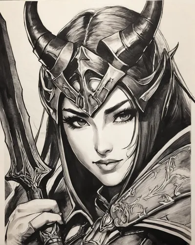 lokportrait,loki,female warrior,charcoal,mara,huntress,mulan,charcoal pencil,gara,dragon li,yi sun sin,fantasy portrait,horns,lotus art drawing,copic,minerva,graphite,charcoal drawing,pencil drawing,athena,Illustration,Paper based,Paper Based 30