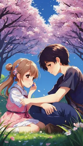 the cherry blossoms,cherry blossoms,girl and boy outdoor,sakura blossoms,sakura trees,japanese sakura background,sakura tree,spring background,cherry blossom,sakura flowers,springtime background,sakura background,cold cherry blossoms,sakura blossom,hiyayakko,romantic scene,takato cherry blossoms,sakura flower,boy and girl,spring blossoms,Illustration,Japanese style,Japanese Style 21