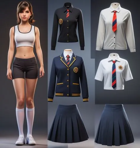 Paper dolls mexican 16 year old schoolgirl in white sleeveless shirt ,black tight fit spandex shorts with black sock and black shoe standing surrounded by with a set of mexican school uniform, white d