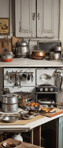 Picture an old-fashioned kitchen from the 1950s, cluttered with mismatched cookware, burnt food, and a radio playing old-timey tunes.,cookware and bakeware,copper cookware,dish storage,vintage kitchen