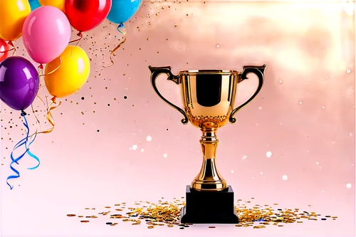 Trophy, golden cup, shiny surface, ornate design, pedestal base, confetti surrounding, bright colorful balloons, soft focus background, warm spotlight, 3/4 composition, low angle shot, celebratory atm