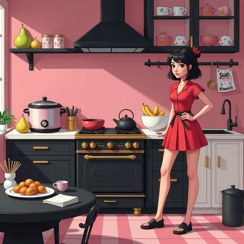  The image depicts a cozy kitchen with a pink and black color scheme. The background wall is painted pink, complemented by black cabinetry and a pink-and-black striped floor. On the left, a silver and