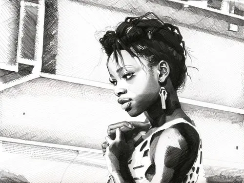 beautiful black girl ,black woman ,girl drawing,city ​​portrait,art,sketch,Design Sketch,Design Sketch,Hand-drawn Line Art