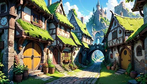 fairy village,knight village,3d fantasy,fantasy landscape,fantasy world,fantasy city,druid grove,aurora village,fairy world,fairy tale castle,cartoon video game background,northrend,mountain settlement,medieval architecture,alpine village,medieval town,fantasy art,hobbiton,elves flight,castle iron market,Anime,Anime,Realistic