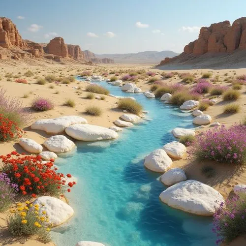 flowerful desert,desert landscape,desert desert landscape,river landscape,flower water,arid landscape