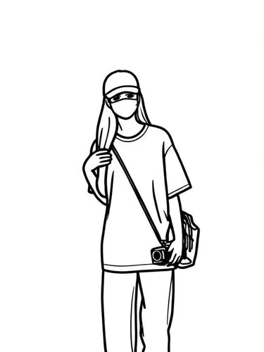 女生，线稿，线条艺术，简洁的线条，简约主义，粗线条,a person with a mask holding a camera,rotoscoped,a pedestrian,woman holding gun,nordli,fashion vector,plainclothes,Design Sketch,Design Sketch,Rough Outline