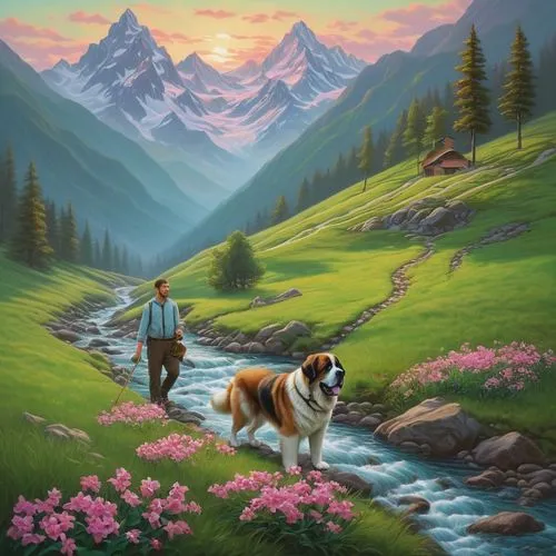 english shepherd,leonberger,st bernard outdoor,st bernard,landseer,bernese oberland,mountain scene,st. bernard,bohemian shepherd,bernese mountain dog,carpathian shepherd dog,dog hiking,shepherd romance,pyrenean shepherd,australian shepherd,entlebucher mountain dog,border collie,salt meadow landscape,mountain pasture,pyrenean mastiff,Illustration,Realistic Fantasy,Realistic Fantasy 27