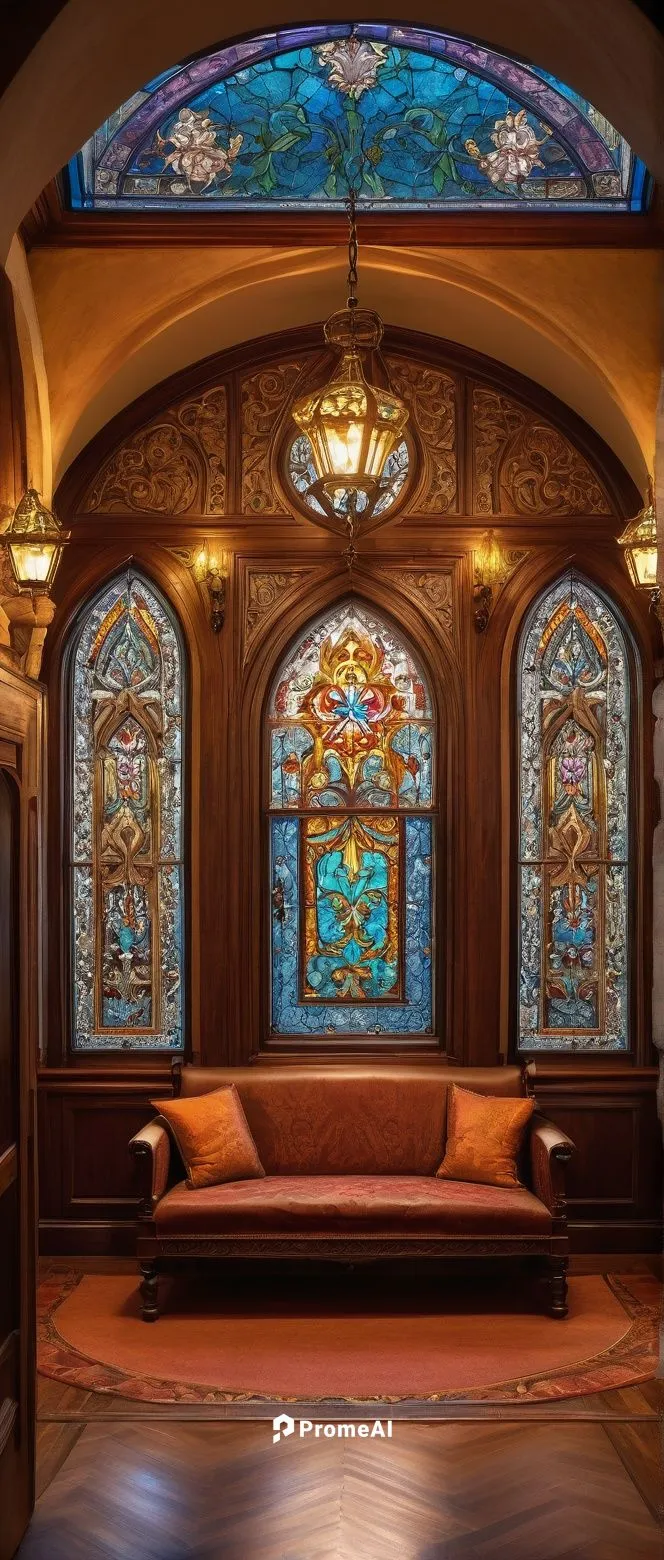 Intricate arts and crafts style architecture, ornate wooden decorations, colorful stained glass windows, grand entrance with carved doors, luxurious velvet curtains, detailed stone carvings, Baroque-i