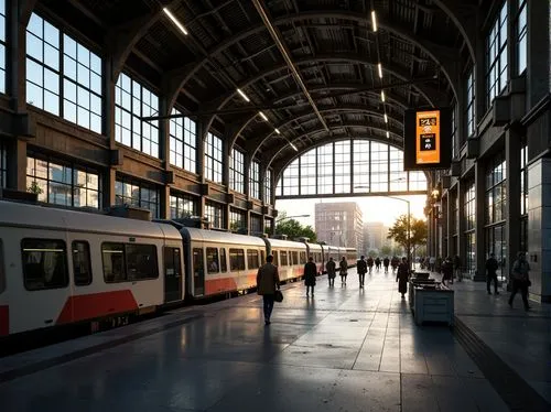 Modern train station, high ceilings, industrial architecture, steel beams, concrete floors, large windows, natural light, LED lighting systems, warm color temperatures, soft ambient glow, platform sig