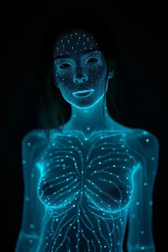 dark night, pitch black. beautiful bioluminescent woman with bioluminescent skin. Whole body even bioluminescent skin,a woman is projected in blue light with the body glows glowing,neon body painting,