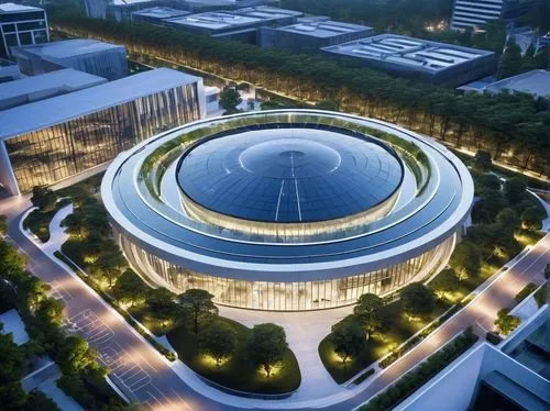 Modern Data Center, MDM architecture, futuristic building, sleek lines, metallic materials, LED lights, glass facade, circular structure, central courtyard, water feature, surrounded by trees, urban l